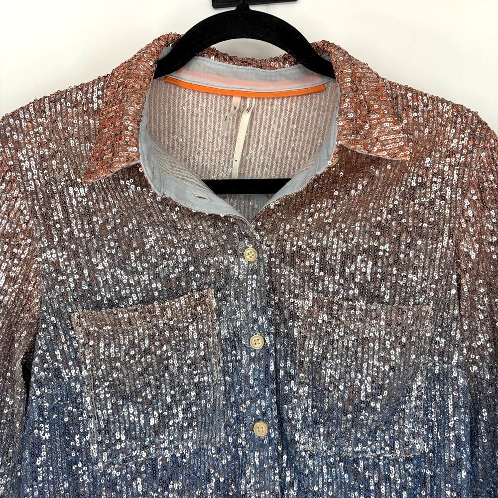 Anthropologie Ombre Sequin Button Down Blouse Pink Silver Mesh Top NWT S - Picture 13 of 13